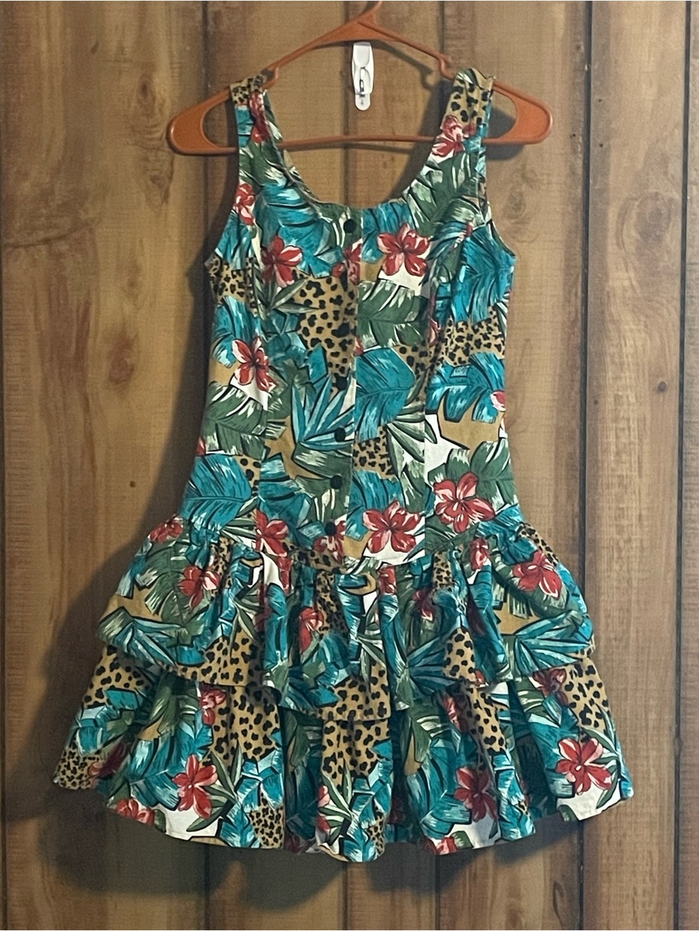 Tropical Print Tiered Mini Dress in Teal & Red